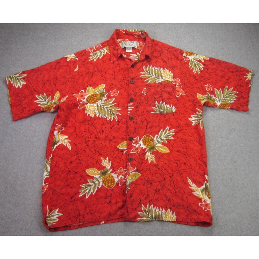 Vintage Hana Bay Mens‎ M Aloha Shirt Red Floral Tropical Hawaiian Camp 90s READ